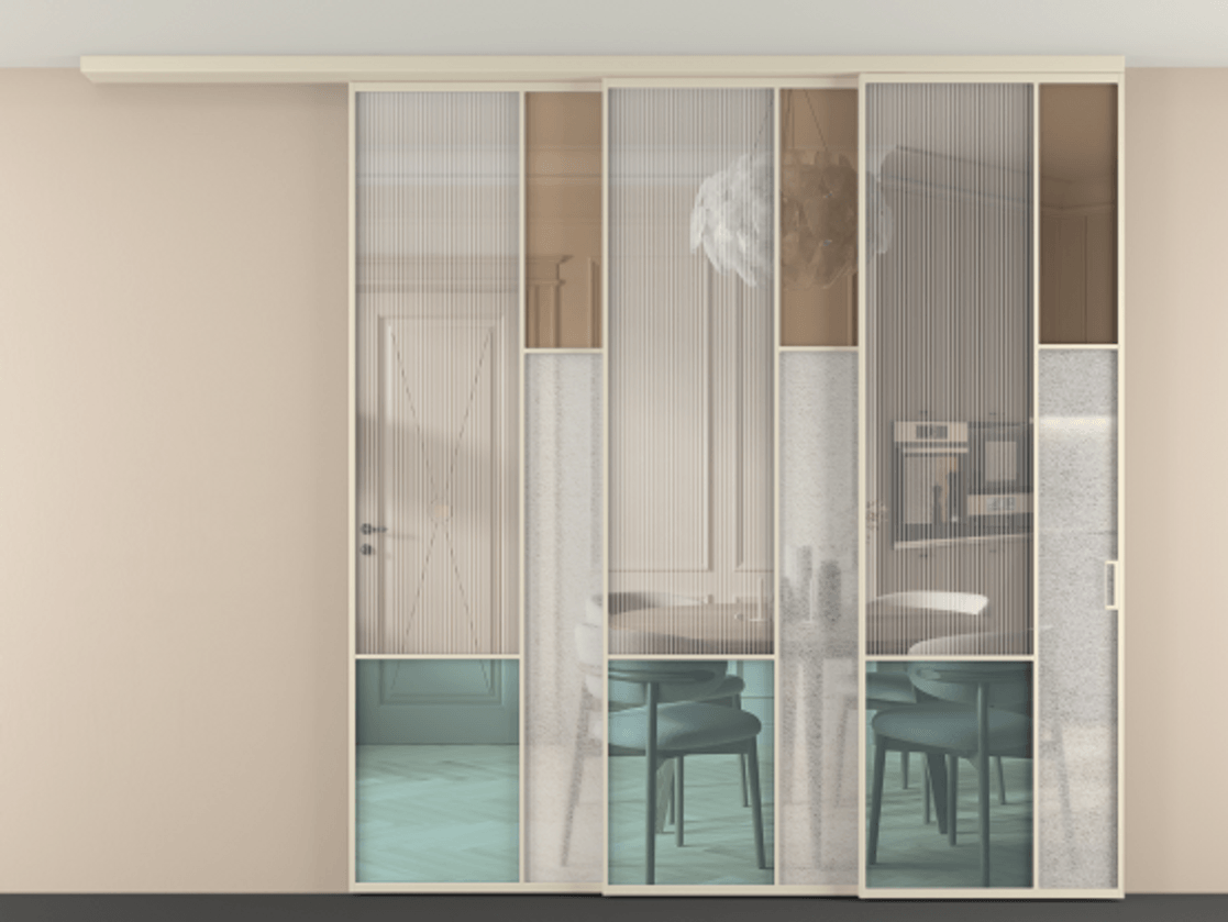 Перегородка Mosaic вдоль стены на потолок 3 створки с синхронным механизмом АЛПР 041.12 Алюминий бежево-серый Комбинация стекол Группы 1 и Группы 3 Цена 3223100 ₸ | Volhovec