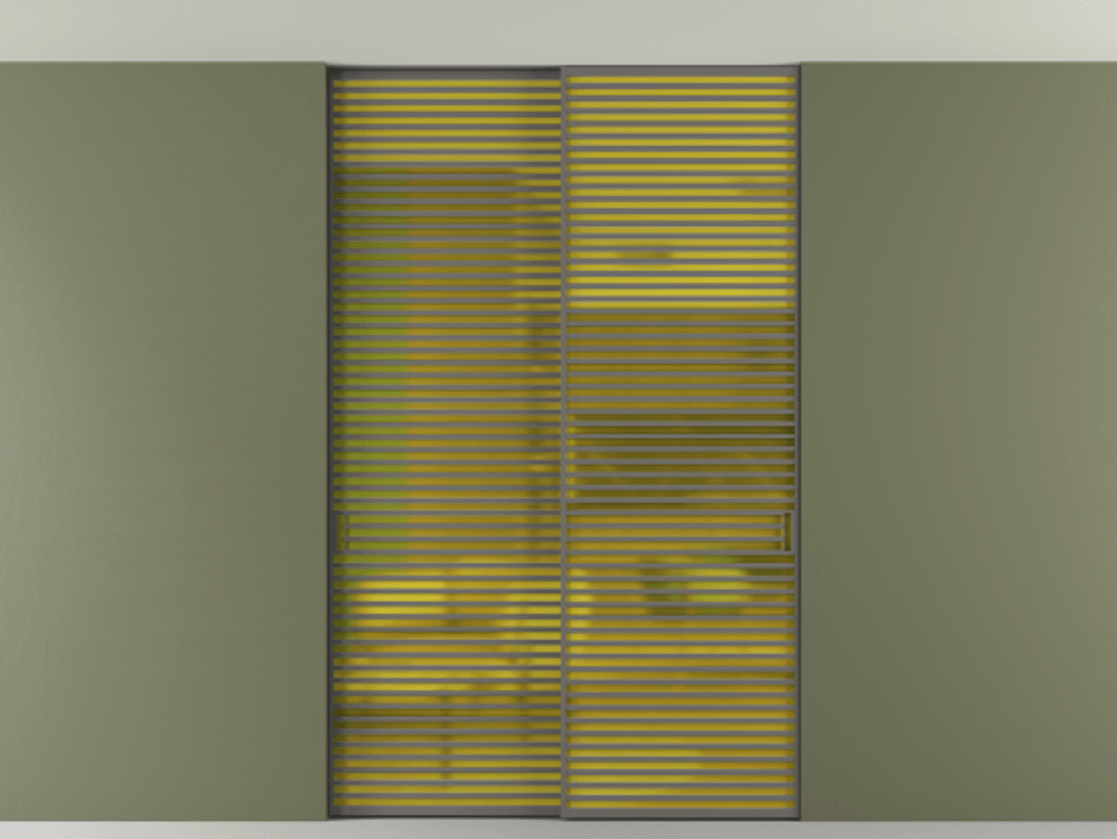 Перегородка Формато внутри проёма скрытое крепление в потолок 2 створки АЛПР 040.07 Алюминий классический серый Сатинированное жёлтое стекло, триплекс Цена 3098957 ₸ | Volhovec