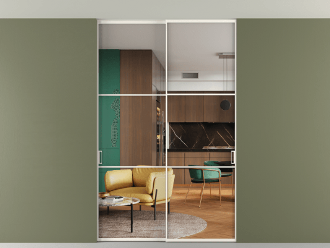 Перегородка Formato внутри проёма скрытое крепление в потолок 2 створки АЛПР 040.03 Алюминий пудровый белый Прозрачное стекло "Кристал Вижн", калёное Цена 2309731 ₸ | Volhovec