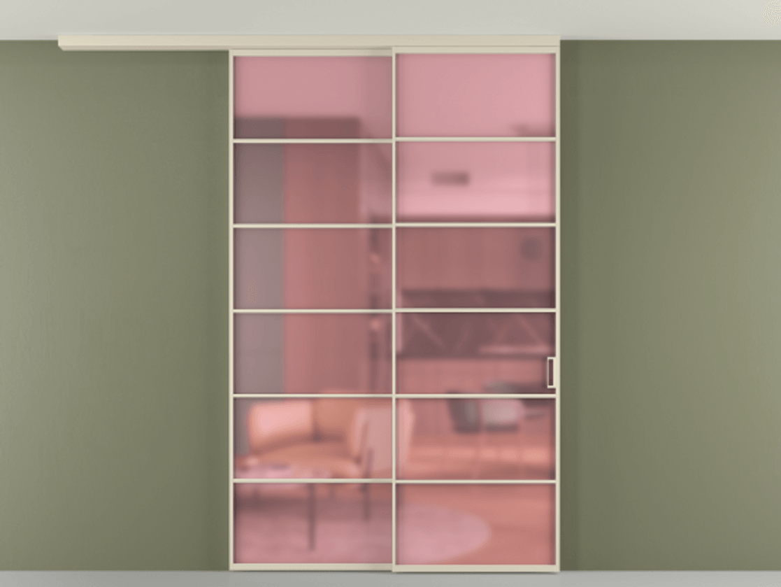 Перегородка Формато вдоль стены на потолок 2 створки с синхронным механизмом АЛПР 040.04 Алюминий бежево-серый Сатинированное розовое стекло, триплекс Цена 2205282 ₸ | Volhovec