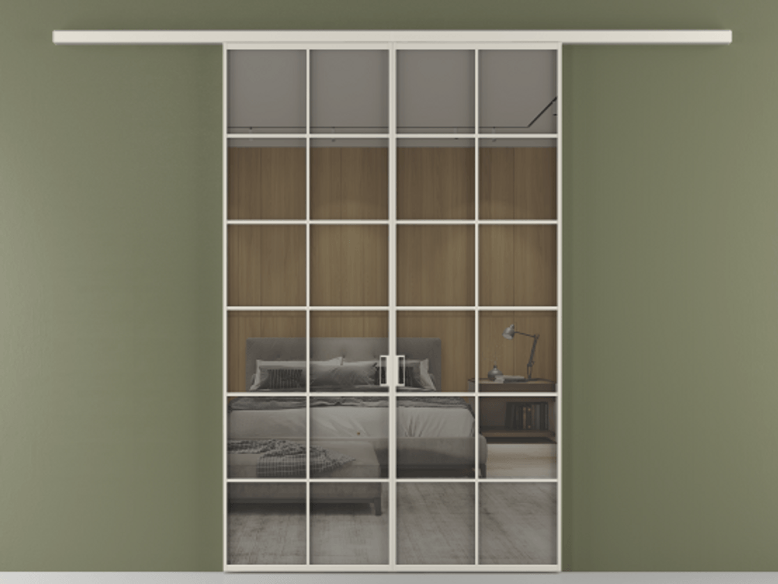 Перегородка Формато вдоль стены 2 створки АЛПР 040.05 Алюминий облачно-серый Рефлективное серое стекло "Стопсол", калёное Цена 2000376 ₸ | Volhovec