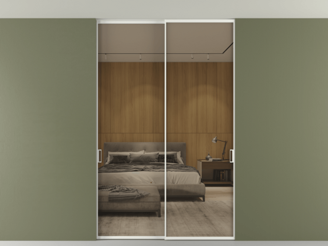 Перегородка Формато внутри проёма скрытое крепление в потолок 2 створки АЛПР 040.01 Алюминий светло-серый Рефлективное бронзовое стекло "Стопсол", калёное Цена 2219918 ₸ | Volhovec