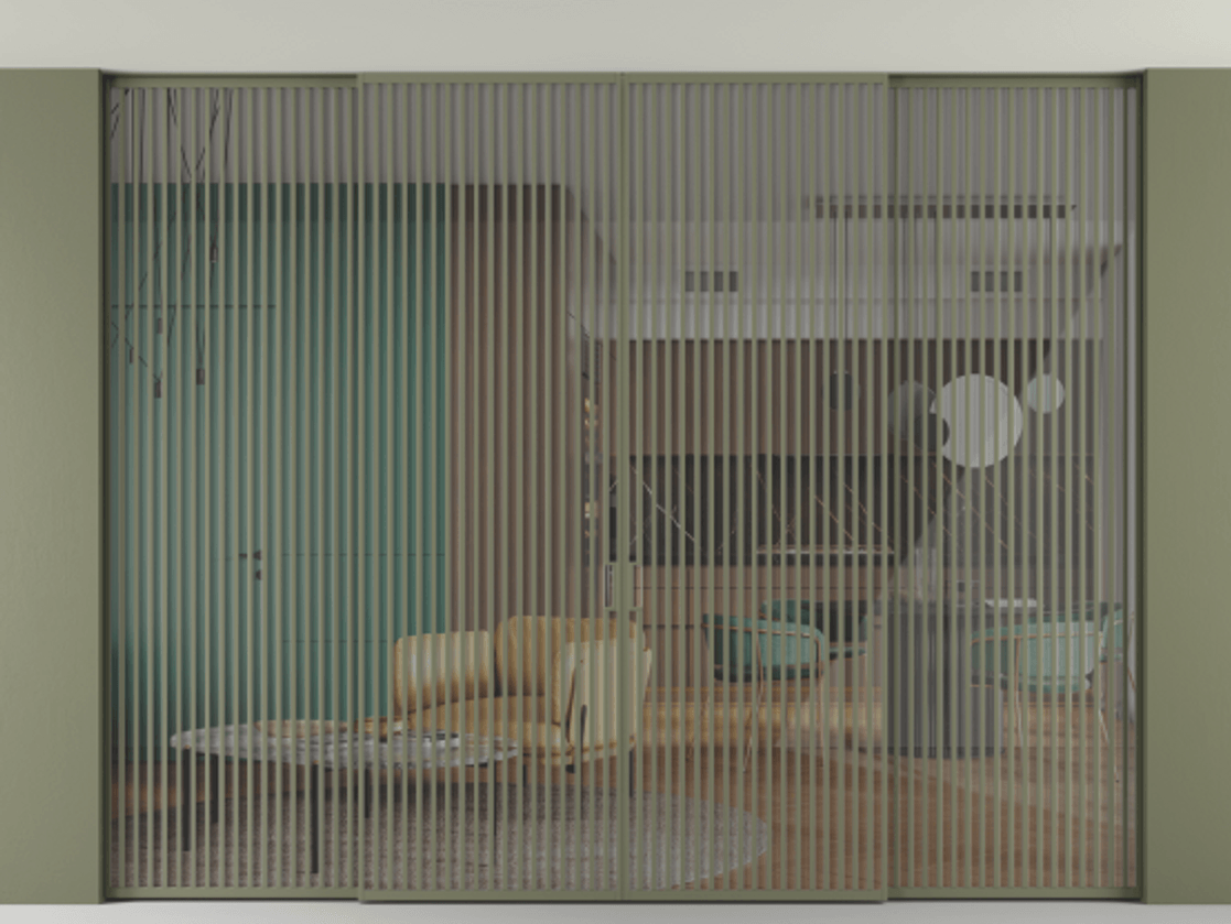 Перегородка Formato внутри проёма скрытое крепление в потолок 4 створки АЛПР 040.06 Алюминий оливковый тёмный Рефлективное прозрачное стекло "Stopsol", калёное Цена 6154760 ₸ | Volhovec