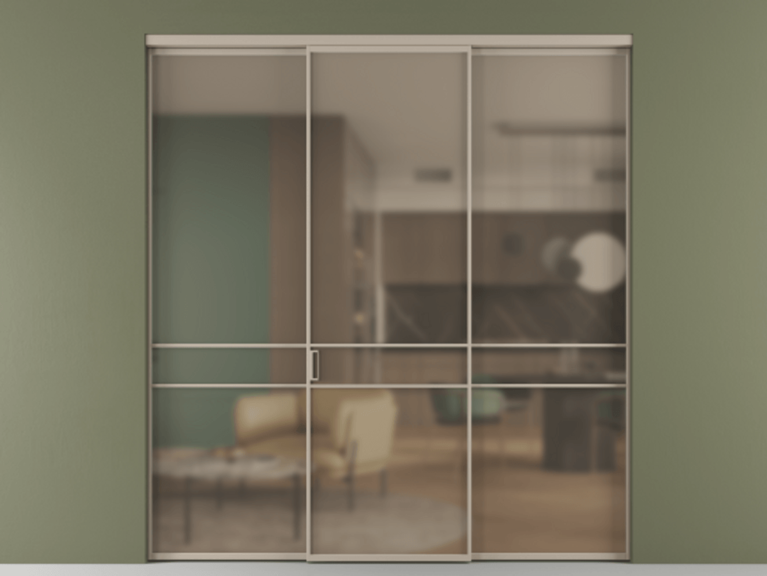 Перегородка Formato внутри проёма 3 створки АЛПР 040.02 Алюминий бисквитный Сатинированное бронзовое стекло, триплекс Цена 1550890 ₸ | Volhovec