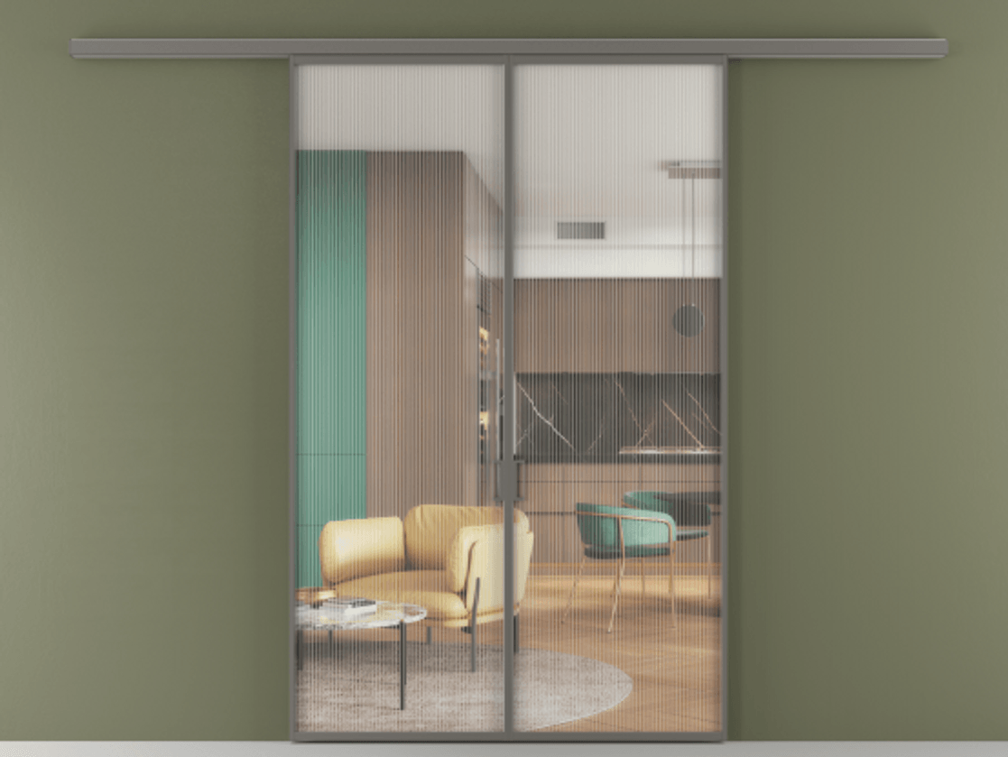 Перегородка Формато вдоль стены 2 створки АЛПР 040.01 Алюминий классический серый Рифлёное стекло "Мору", триплекс Цена 1507086 ₸ | Volhovec