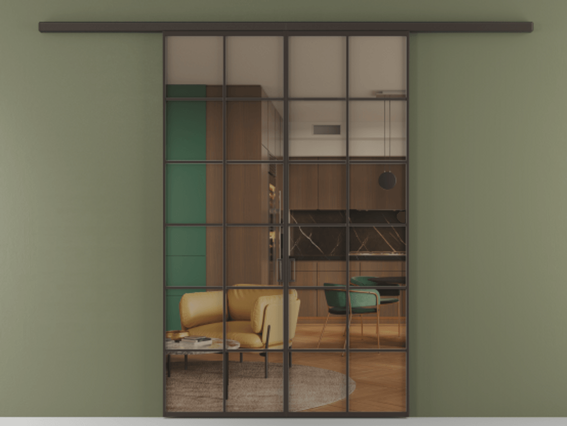 Перегородка Формато вдоль стены 2 створки АЛПР 040.05 Алюминий антрацит Прозрачное бронзовое стекло, триплекс Цена 1566054 ₸ | Volhovec