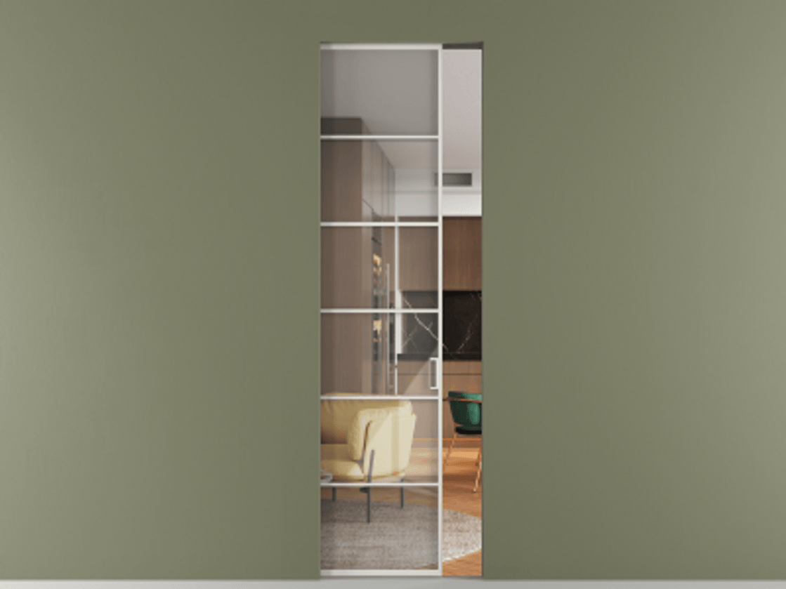 Перегородка Formato скрытый пенал 1 створка АЛПР 040.04 Алюминий Белый Рефлективное прозрачное стекло "Stopsol", калёное Цена 1136900 ₸ | Volhovec