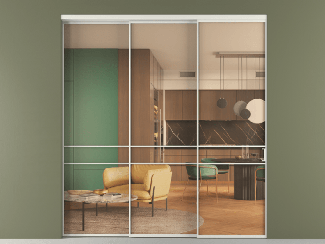 Перегородка Формато внутри проёма 3 створки с синхронным механизмом АЛПР 040.02 Алюминий серый Прозрачное оранжевое стекло, триплекс Цена 2604722 ₸  | Volhovec