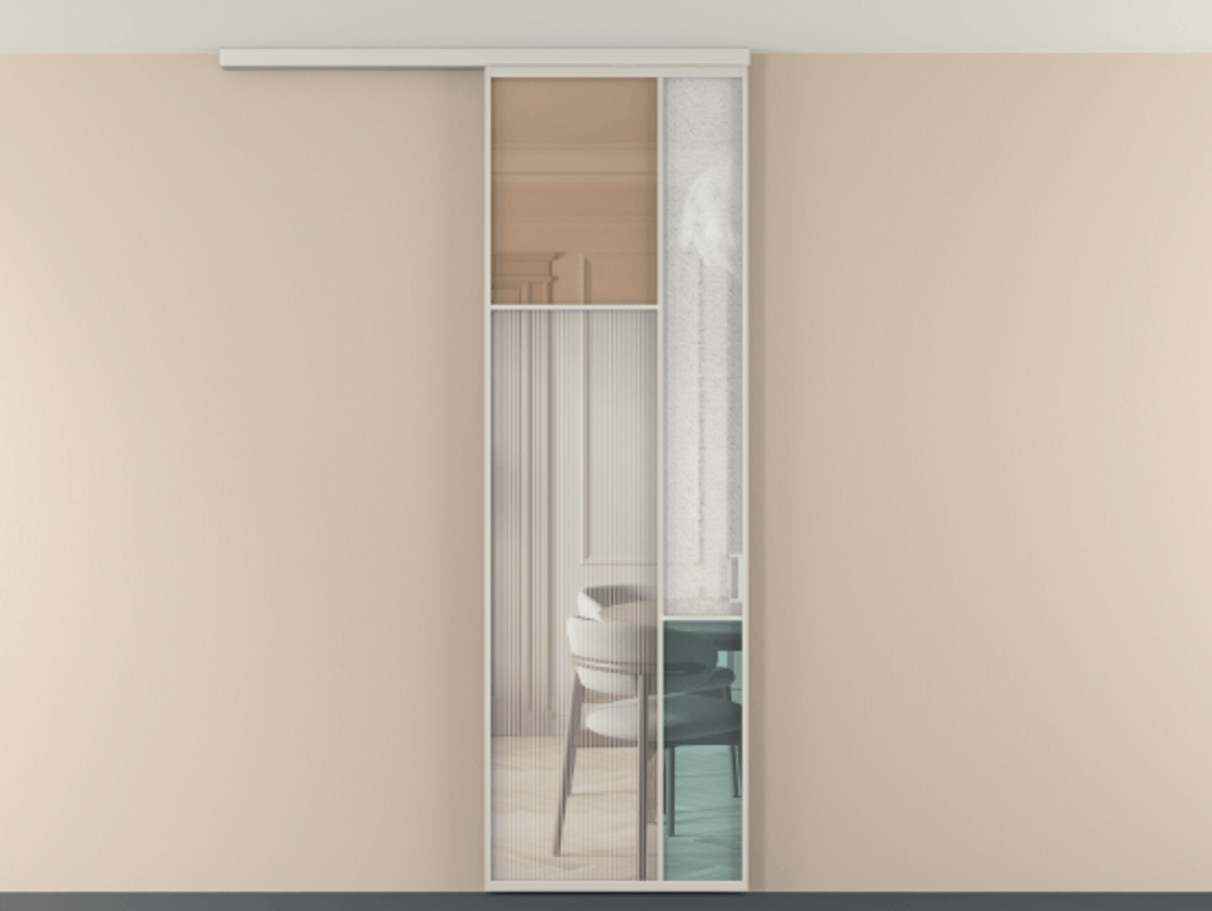 Перегородка Мозаик вдоль стены на потолок 1 створка АЛПР 041.10 Алюминий облачно-серый Комбинация стекол Группы 1 и Группы 3 Цена 1066262 ₸ | Volhovec