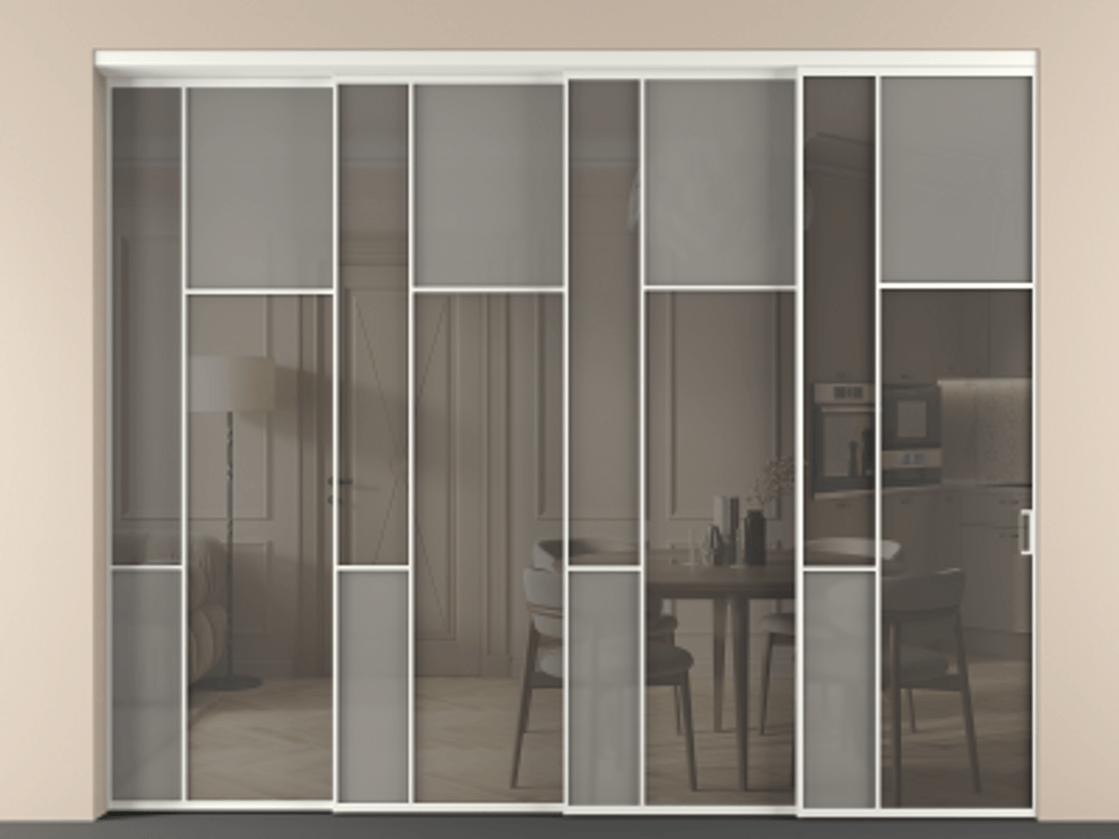 Перегородка Мозаик внутри проёма 4 створки с синхронным механизмом АЛПР 041.11 Алюминий тёплый серый Сатинированное серое стекло, триплекс, 6 мм + Прозрачное серое стекло, триплекс Цена 4441651 ₸ | Volhovec