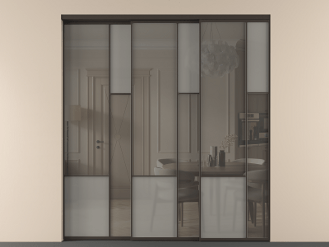 Перегородка Мозаик внутри проёма 3 створки с синхронным механизмом АЛПР 041.12 Алюминий антрацит Сатинированное серое стекло, триплекс, 6 мм + Прозрачное серое стекло, триплекс Цена 3306668 ₸ | Volhovec