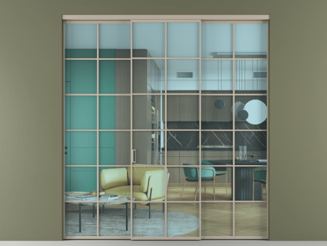 Перегородка Formato внутри проёма 3 створки АЛПР 040.05 Алюминий бисквитный Прозрачное голубое стекло, триплекс Цена 1667700 ₸ | Volhovec