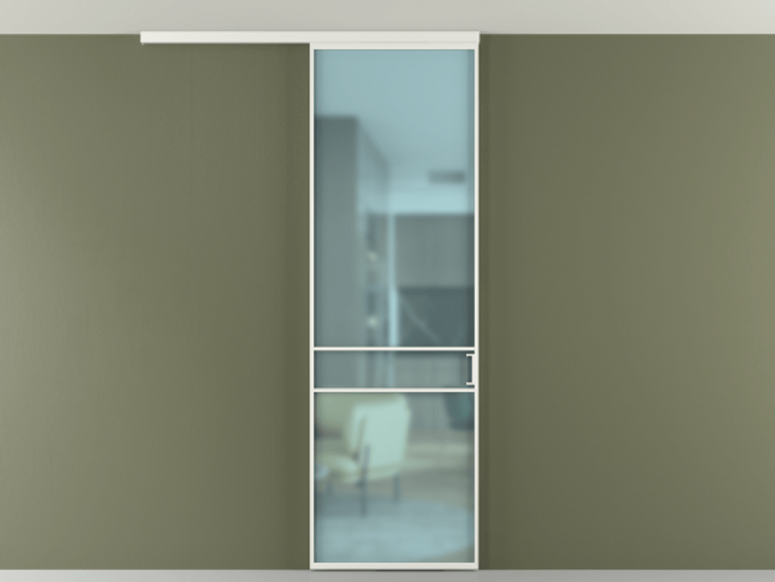 Перегородка Формато вдоль стены на потолок 1 створка АЛПР 040.02 Алюминий светло-серый Сатинированное голубое стекло, триплекс Цена 732243 ₸ | Volhovec