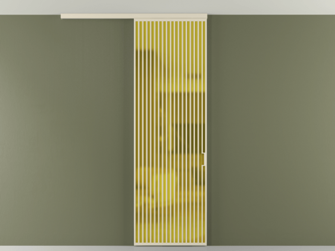 Межкомнатная дверь New Перегородка Formato вдоль стены на потолок одностворчатая АЛПР 040.06 Алюминий бежево-серый Сатинированное жёлтое стекло, триплекс Цена 1168300  | Volhovec