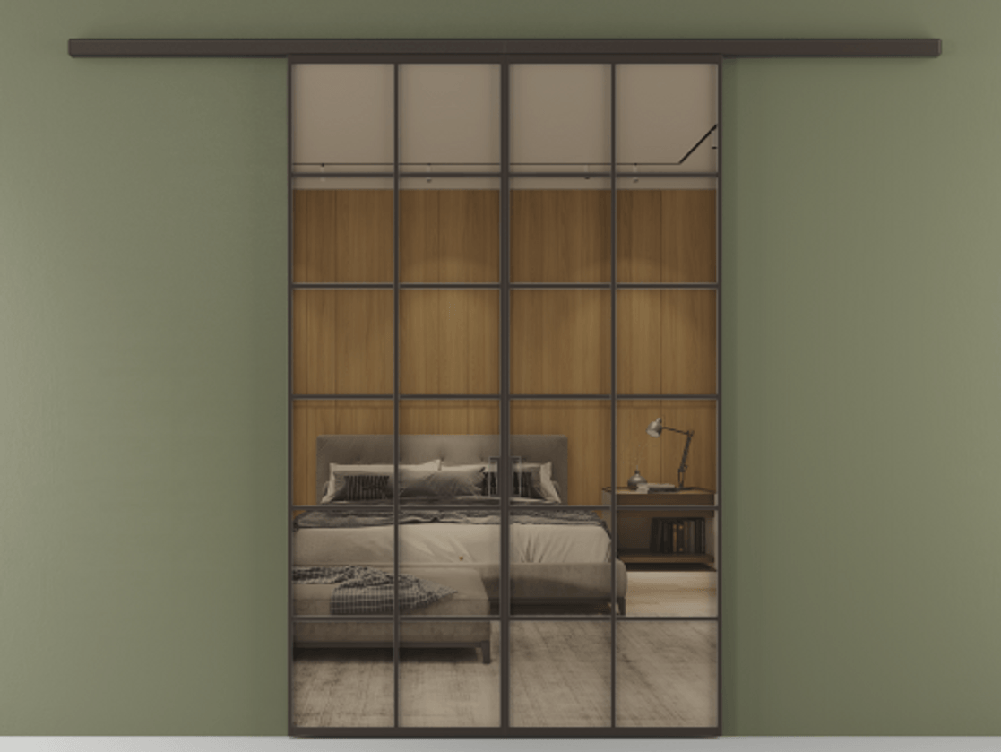 Перегородка Формато вдоль стены 2 створки АЛПР 040.05 Алюминий антрацит Рефлективное бронзовое стекло "Стопсол", калёное Цена 2000376 ₸ | Volhovec