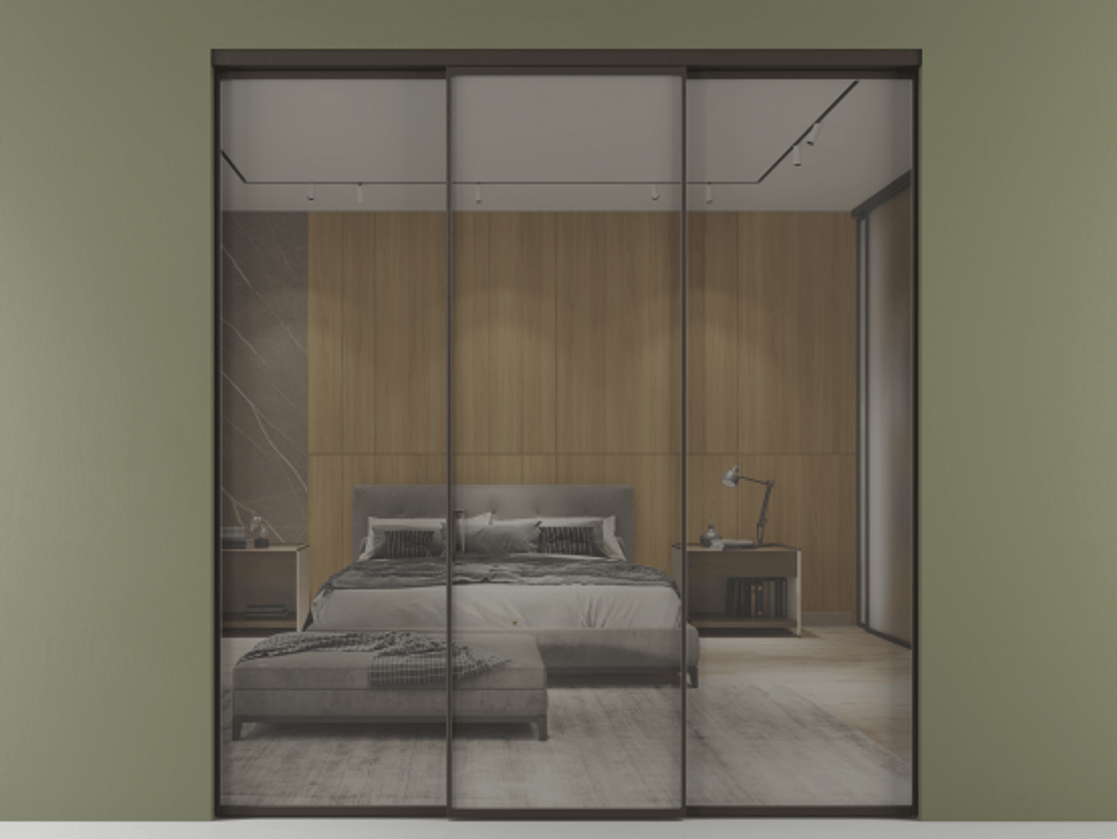 Перегородка Formato внутри проёма 3 створки АЛПР 040.01 Алюминий антрацит Рефлективное серое стекло "Stopsol", калёное Цена 1880740 ₸ | Volhovec