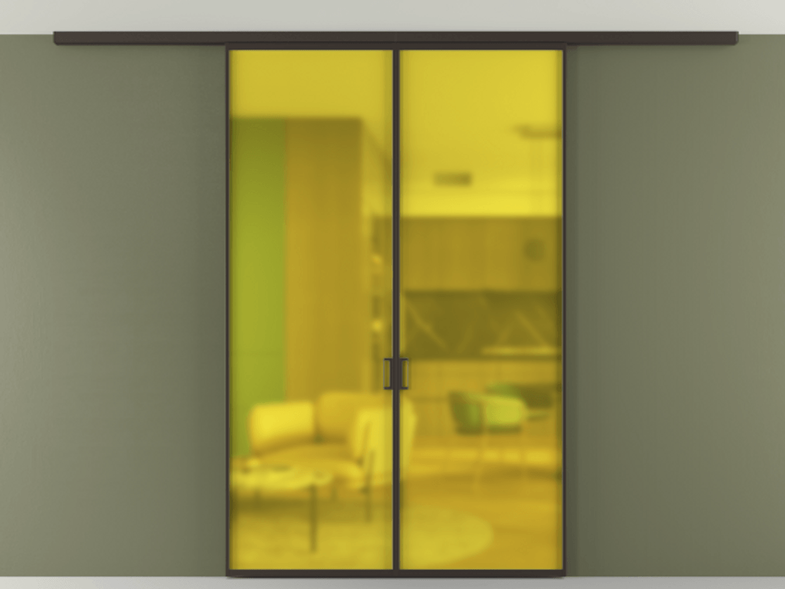 Перегородка Formato вдоль стены на потолок 2 створки АЛПР 040.01 Алюминий антрацит Сатинированное жёлтое стекло, триплекс Цена 1156700 ₸ | Volhovec