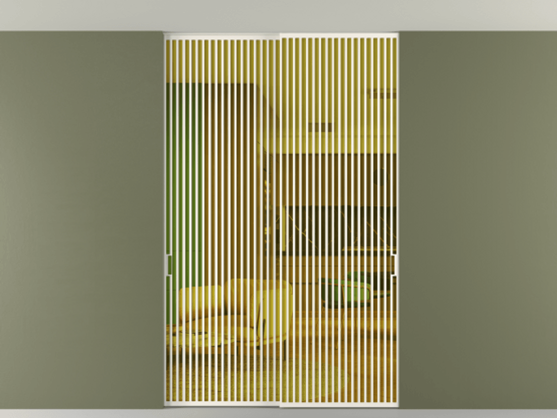 Перегородка Формато внутри проёма скрытое крепление в потолок 2 створки АЛПР 040.06 Алюминий пудровый белый Прозрачное жёлтое стекло, триплекс Цена 3098957 ₸ | Volhovec