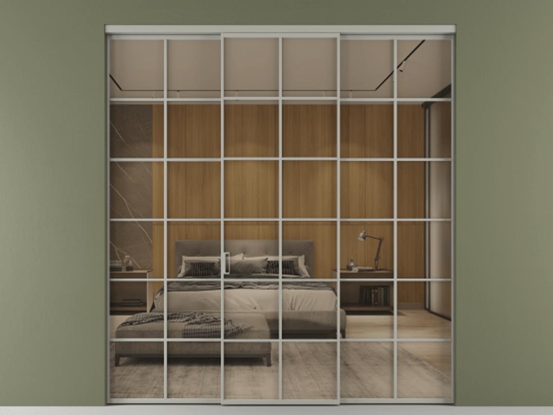 Перегородка Формато внутри проёма 3 створки АЛПР 040.05 Алюминий нейтральный серый Рефлективное бронзовое стекло "Стопсол", калёное Цена 2577960 ₸ | Volhovec