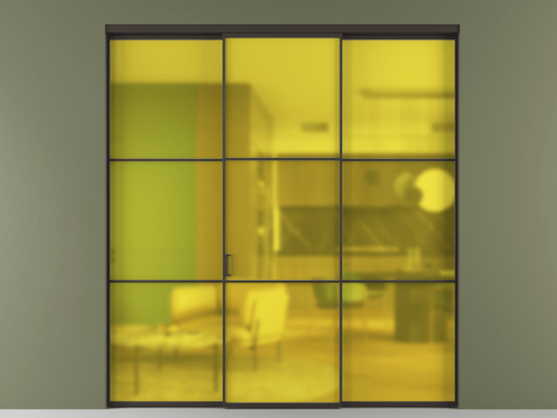 Перегородка Formato внутри проёма 3 створки АЛПР 040.03 Алюминий антрацит Сатинированное жёлтое стекло, триплекс Цена 1793799 ₸ | Volhovec