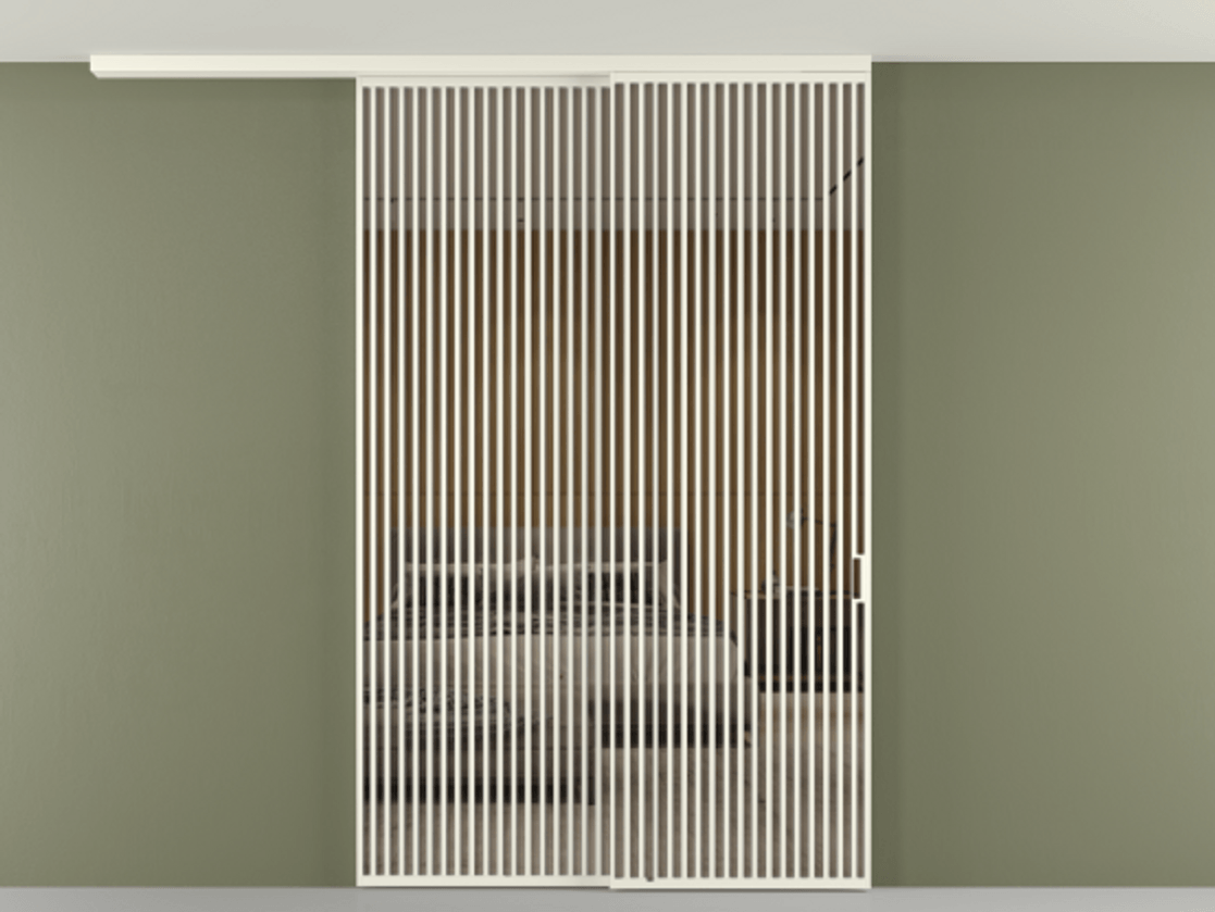 Перегородка Формато вдоль стены на потолок 2 створки с синхронным механизмом АЛПР 040.06 Алюминий жемчужный Рефлективное бронзовое стекло "Стопсол", калёное Цена 3502215 ₸ | Volhovec