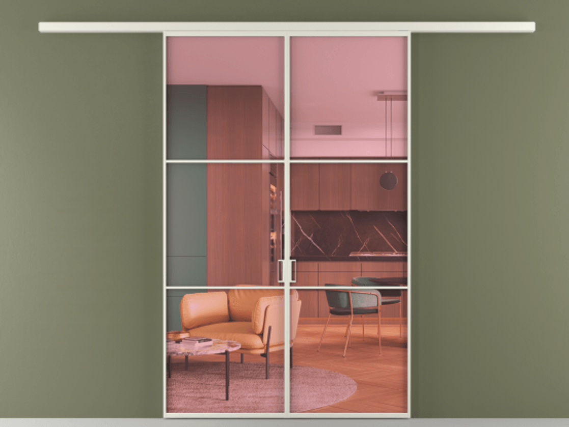 Перегородка Formato вдоль стены 2 створки АЛПР 040.03 Алюминий Белый Прозрачное розовое стекло, триплекс Цена 1395900 ₸ | Volhovec