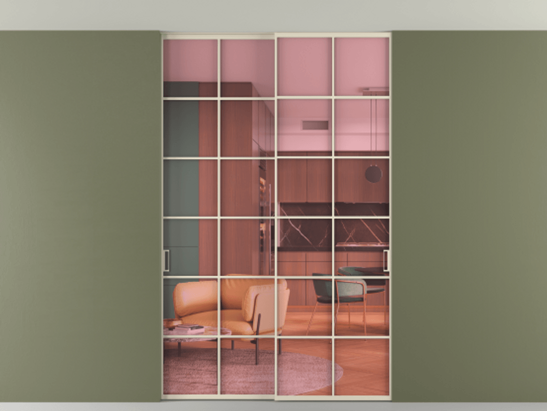 Перегородка Формато внутри проёма скрытое крепление в потолок 2 створки АЛПР 040.05 Алюминий бежево-серый Прозрачное розовое стекло, триплекс Цена 1973803 ₸ | Volhovec