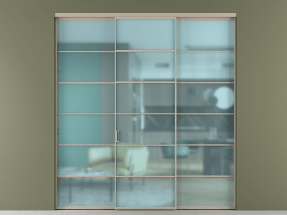 Перегородка Formato внутри проёма 3 створки АЛПР 040.04 Алюминий бисквитный Сатинированное голубое стекло, триплекс Цена 1667700 ₸ | Volhovec