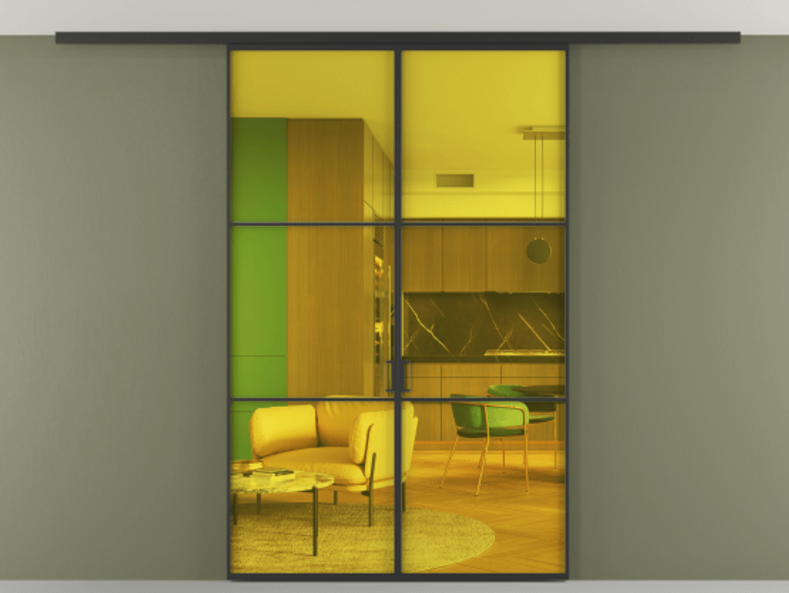 Перегородка Формато вдоль стены на потолок 2 створки АЛПР 040.03 Алюминий Черный Прозрачное жёлтое стекло, триплекс Цена 1417046 ₸ | Volhovec