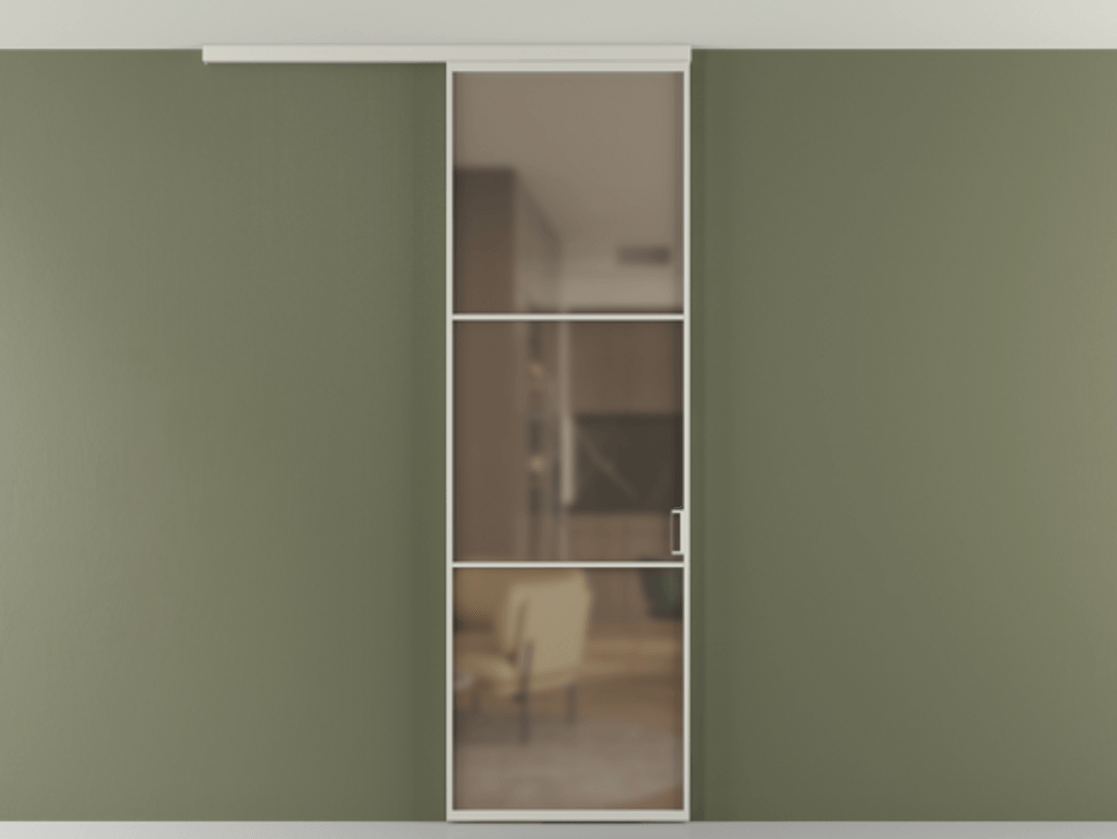 Перегородка Формато вдоль стены на потолок 1 створка АЛПР 040.03 Алюминий тёплый серый Сатинированное бронзовое стекло, триплекс Цена 732246 ₸ | Volhovec