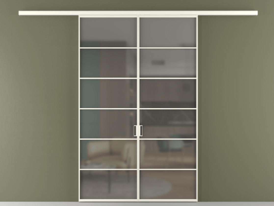 Перегородка Формато вдоль стены 2 створки АЛПР 040.04 Алюминий жемчужный Сатинированное серое стекло, триплекс Цена 1566054 ₸ | Volhovec