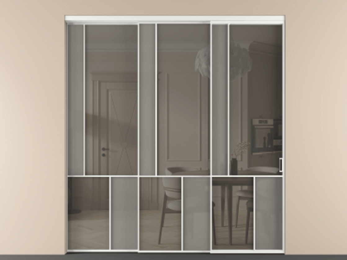 Перегородка Мозаик внутри проёма 3 створки с синхронным механизмом АЛПР 041.20  Алюминий белоснежный Сатинированное серое стекло, триплекс, 6 мм + Прозрачное серое стекло, триплекс Цена 3306668 ₸ | Volhovec