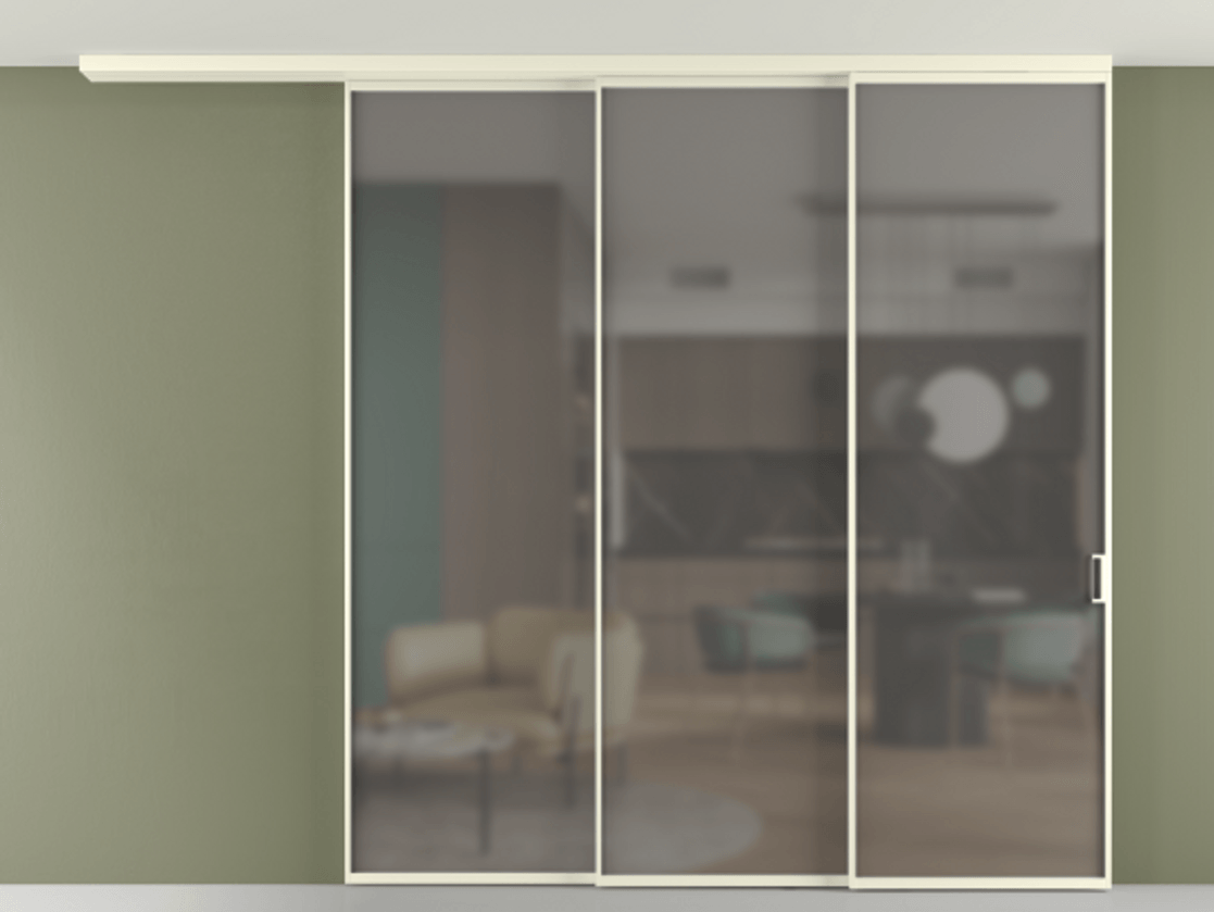 Перегородка Формато вдоль стены на потолок 3 створки с синхронным механизмом АЛПР 040.01 Алюминий молочно-белый Сатинированное серое стекло, триплекс Цена 2888736 ₸ | Volhovec