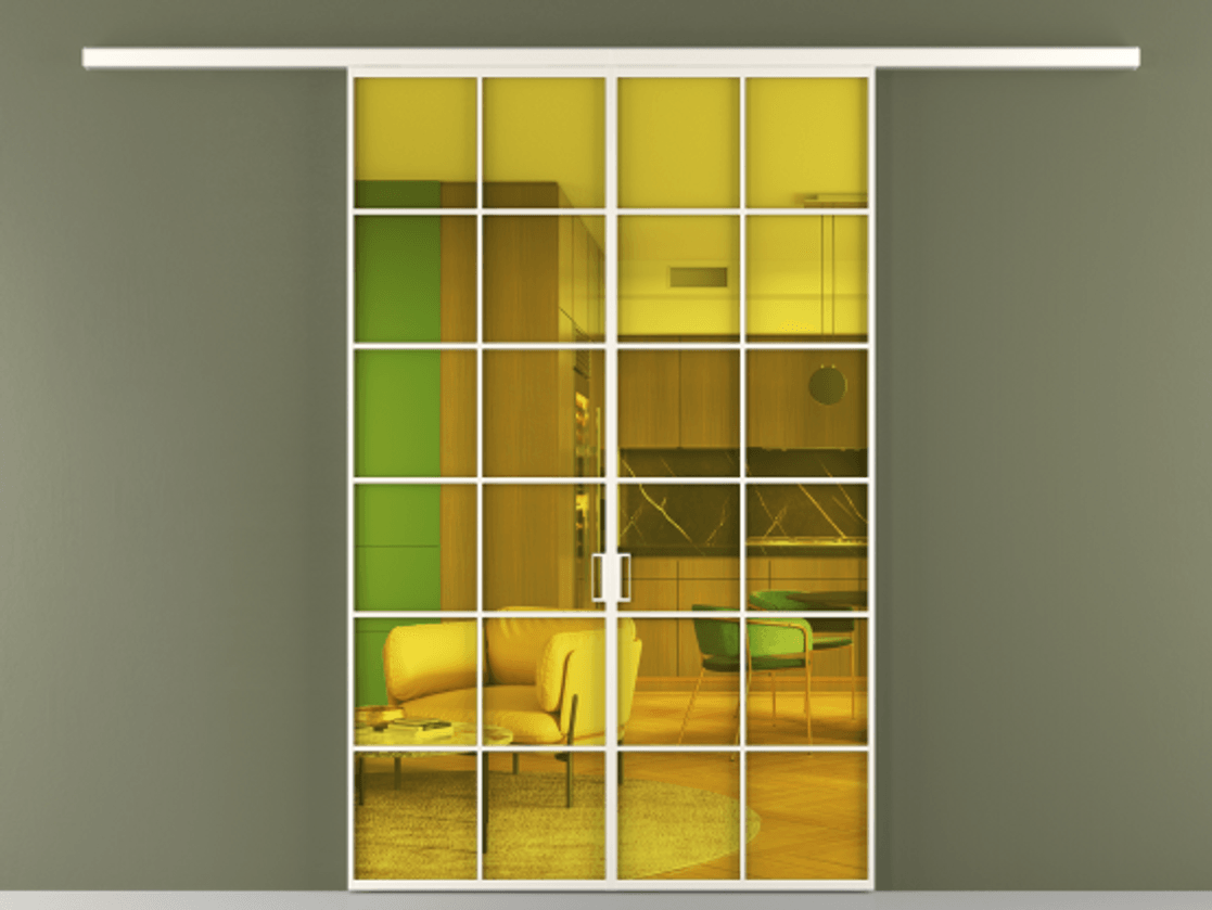 Перегородка Формато вдоль стены 2 створки АЛПР 040.05 Алюминий пудровый белый Прозрачное жёлтое стекло, триплекс Цена 1566054 ₸ | Volhovec