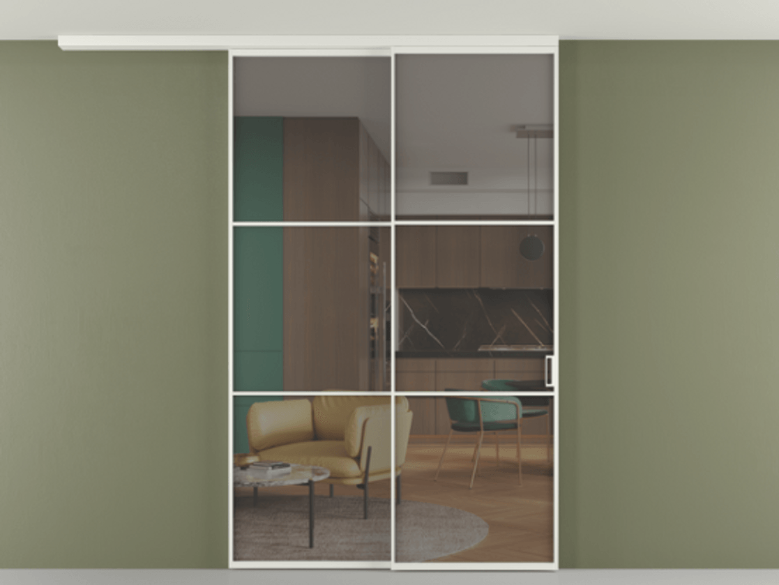 Перегородка Формато вдоль стены на потолок 2 створки с синхронным механизмом АЛПР 040.03 Алюминий светло-серый Прозрачное серое стекло, триплекс Цена 2101499 ₸ | Volhovec