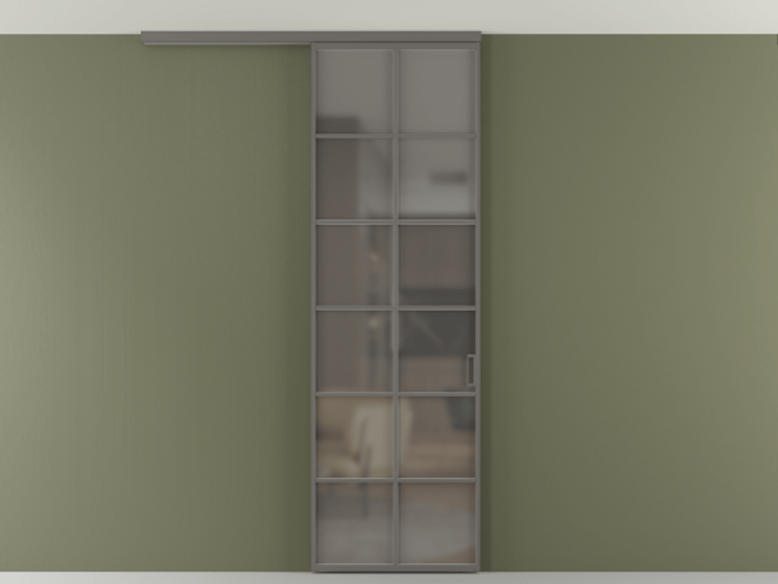 Перегородка Формато вдоль стены на потолок 1 створка АЛПР 040.05 Алюминий классический серый Сатинированное серое стекло, триплекс Цена 780895 ₸ | Volhovec