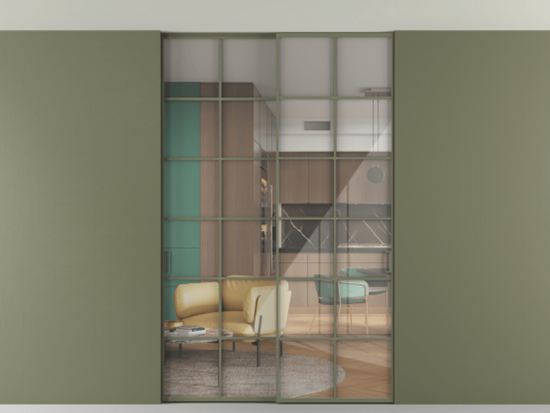 Перегородка Формато внутри проёма скрытое крепление в потолок 2 створки АЛПР 040.05 Алюминий оливковый тёмный Рефлективное прозрачное стекло "Стопсол", калёное Цена 2439461 ₸ | Volhovec