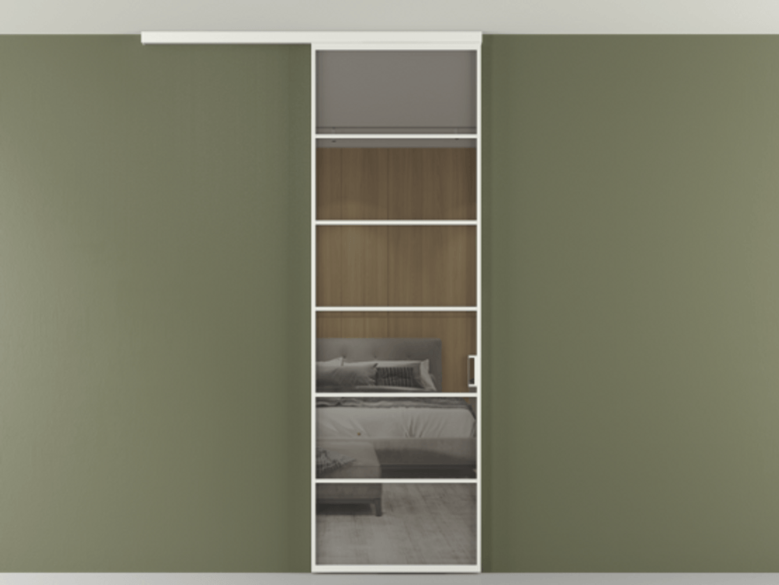 Перегородка Formato вдоль стены на потолок 1 створка АЛПР 040.04 Алюминий светло-серый Рефлективное серое стекло "Стопсол", калёное Цена 1013720 ₸ | Volhovec