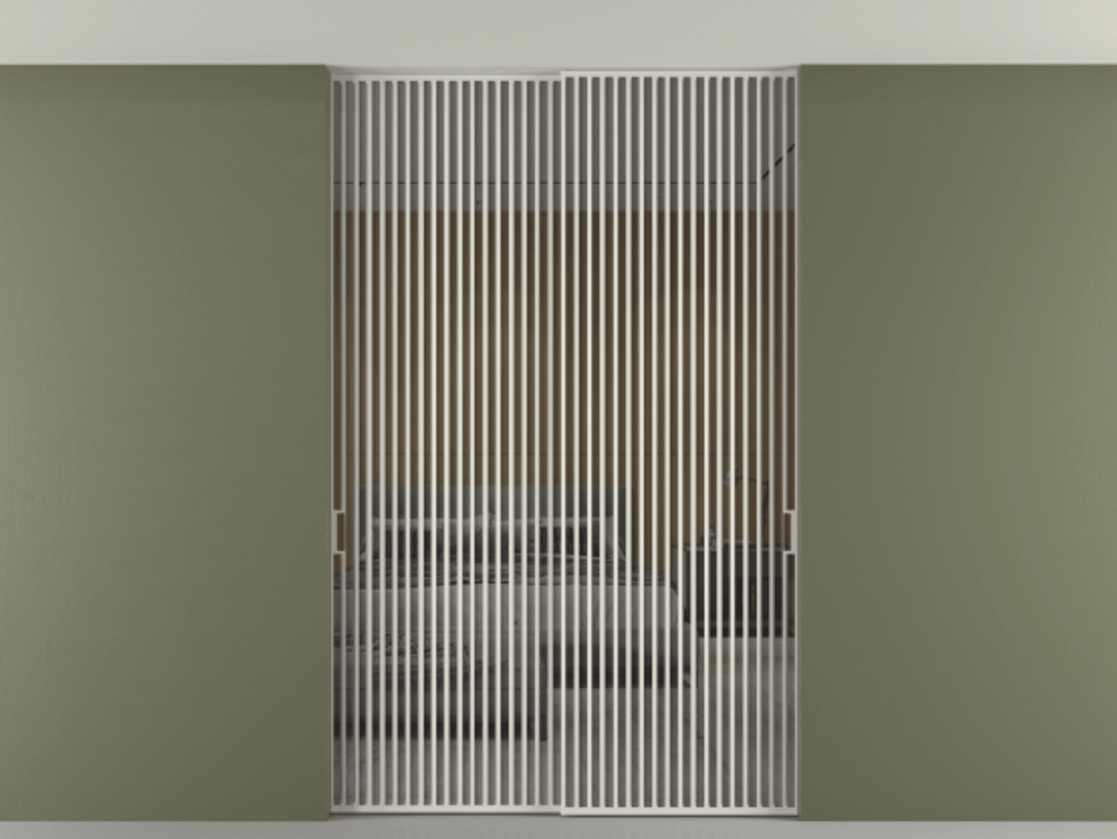 Перегородка Формато внутри проёма скрытое крепление в потолок 2 створки АЛПР 040.06 Алюминий Белый Рефлективное серое стекло "Стопсол", калёное Цена 3801622 ₸ | Volhovec