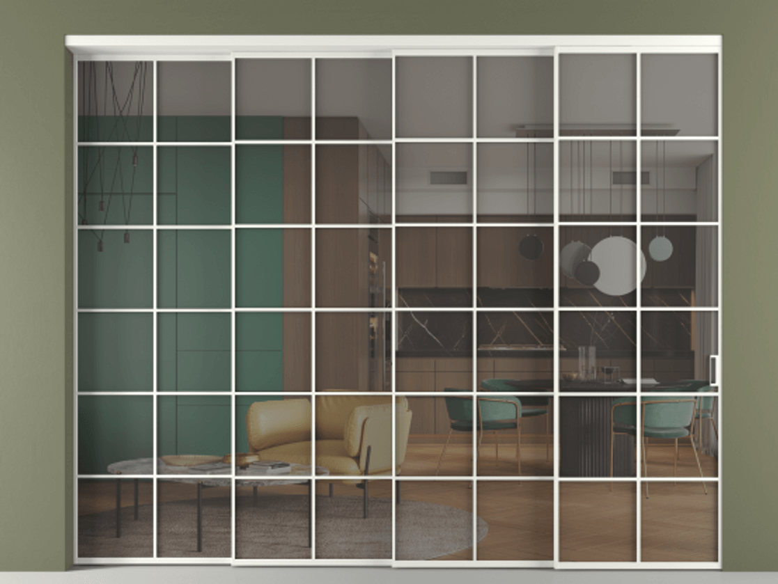 Перегородка Формато внутри проёма 4 створки с синхронным механизмом АЛПР 040.05 Алюминий светло-серый Прозрачное серое стекло, триплекс. Цена 3569076 ₸ 1. Полотно 4 шт. (800/2100 мм)
2. Комплект установки раздвижной системы
3. Базовый комплект фурнитуры
4. Комплект фурнитуры телескопик синхро-3
5. Ручка Рондо. Фабрика дверей Волховец 8 (800) 551 43 19 Перегородка Формато внутри проёма 4 створки с синхронным механизмом АЛПР 040.05 Алюминий светло-серый Прозрачное серое стекло, триплекс Цена 3569076 ₸ | Volhovec