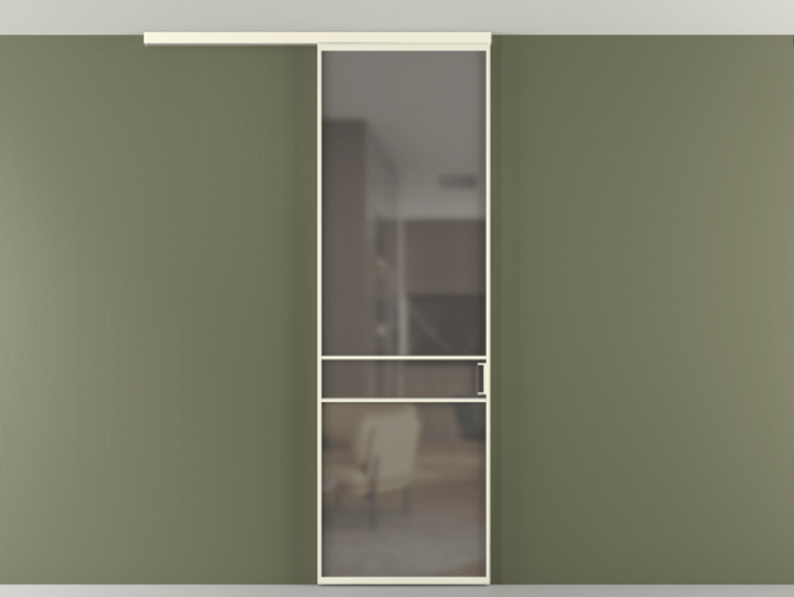 Перегородка Формато вдоль стены на потолок 1 створка АЛПР 040.02 Алюминий молочно-белый Сатинированное серое стекло, триплекс Цена 732246 ₸ | Volhovec