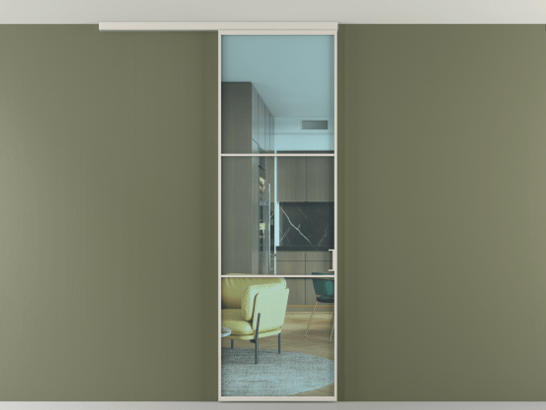 Перегородка Формато вдоль стены на потолок 1 створка АЛПР 040.03 Алюминий облачно-серый Прозрачное голубое стекло, триплекс Цена 732243 ₸ | Volhovec