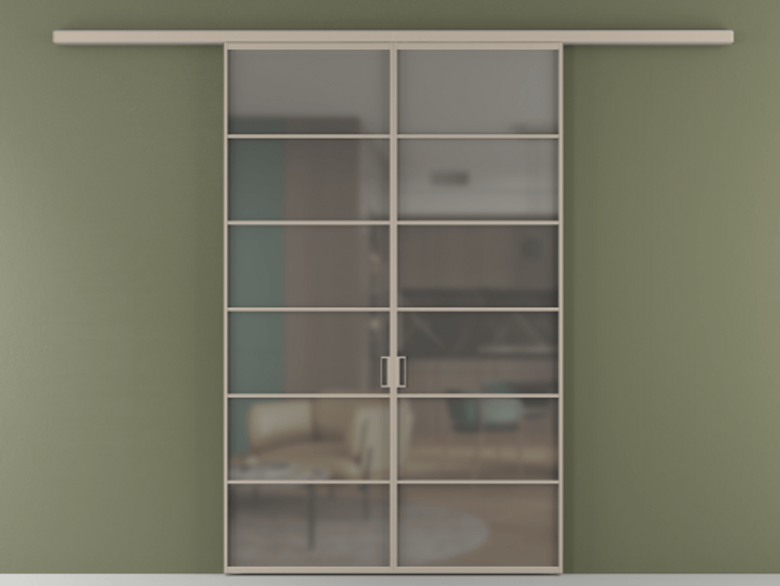 Перегородка Formato вдоль стены 2 створки АЛПР 040.04 Алюминий бисквитный Сатинированное серое стекло, триплекс Цена 1879416 ₸ | Volhovec