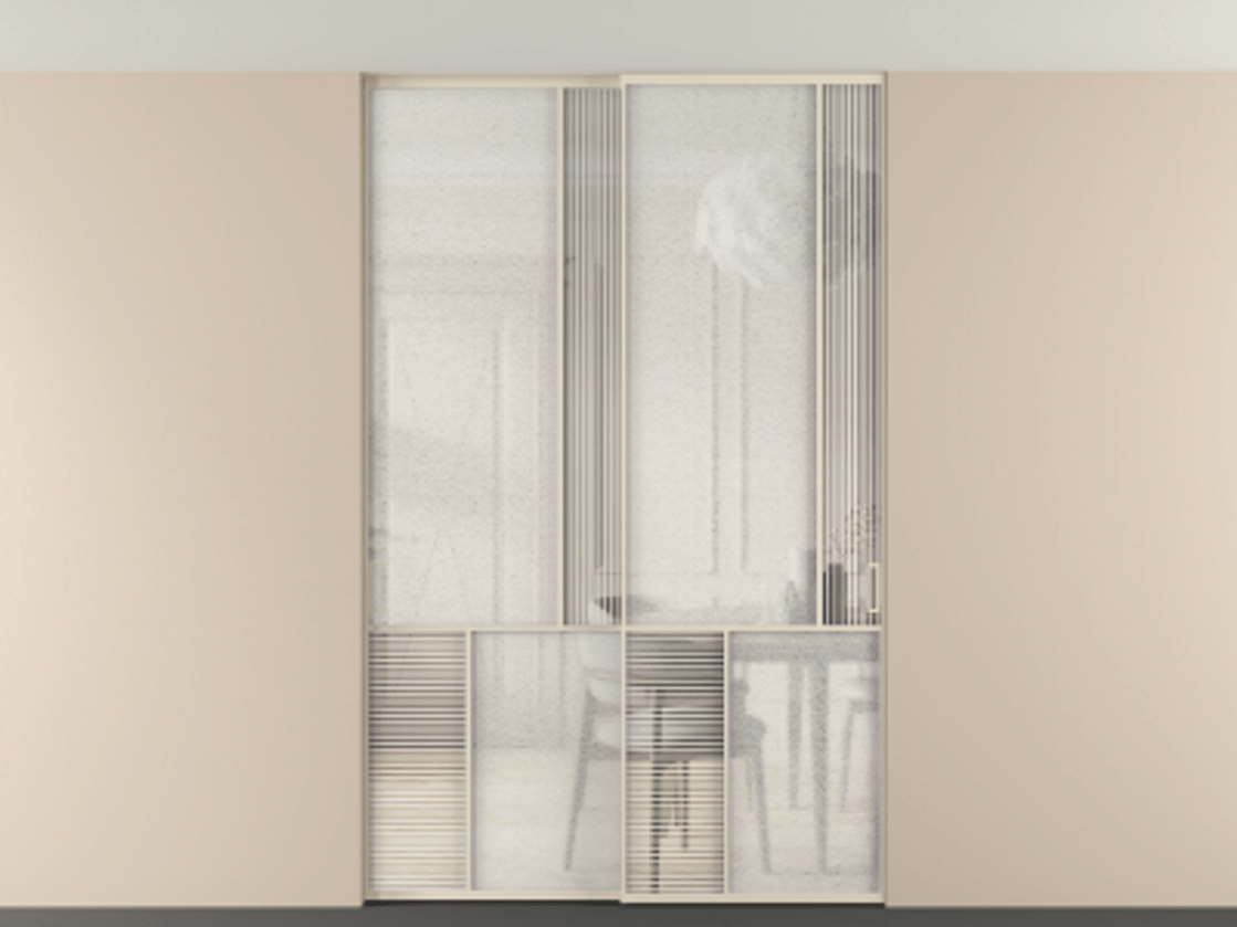 Перегородка Мозаик внутри проёма скрытое крепление в потолок 2 створки АЛПР 041.21 Алюминий бежево-серый Рифлёное стекло "Дюна", триплекс, 6 мм + Фактурное стекло "Лёд", триплекс Цена 2574785 ₸ | Volhovec