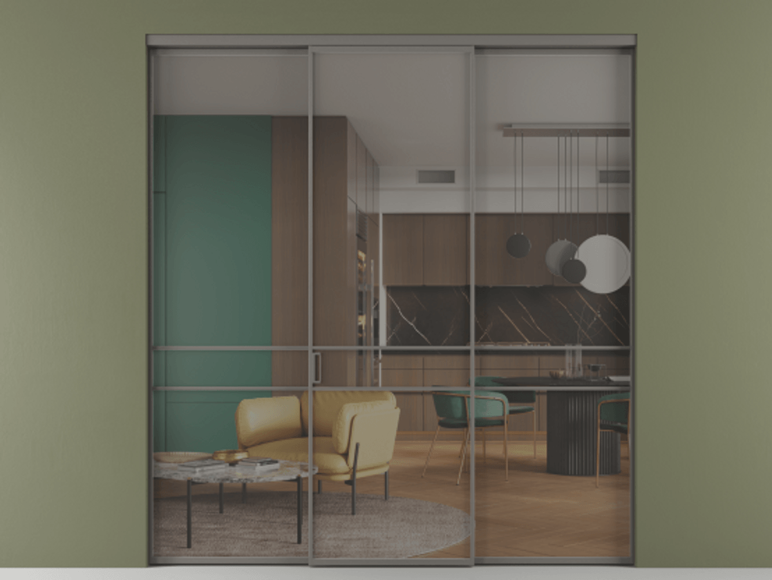 Перегородка Formato внутри проёма 3 створки АЛПР 040.02 Алюминий классический серый Рефлективное серое стекло "Stopsol", калёное Цена 1981820 ₸ | Volhovec