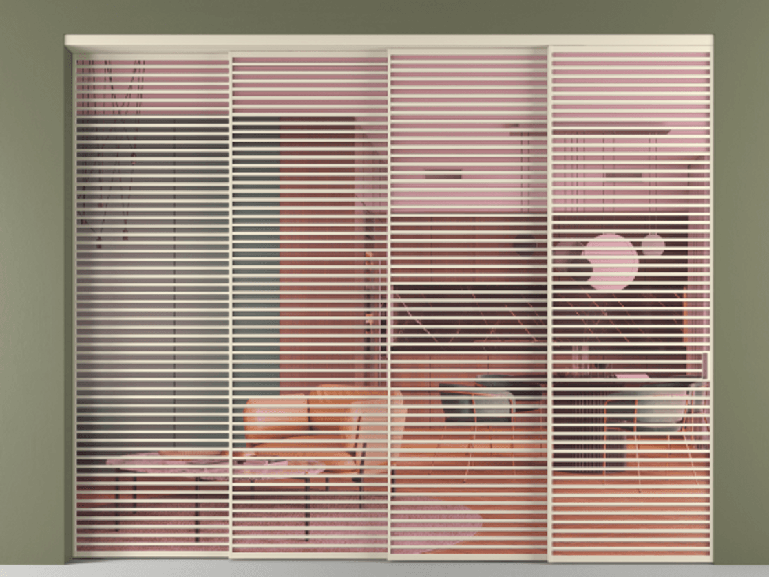 Перегородка Formato внутри проёма 4 створки с синхронным механизмом АЛПР 040.07 Алюминий бежево-серый Прозрачное розовое стекло, триплекс Цена 4850500 ₸ | Volhovec