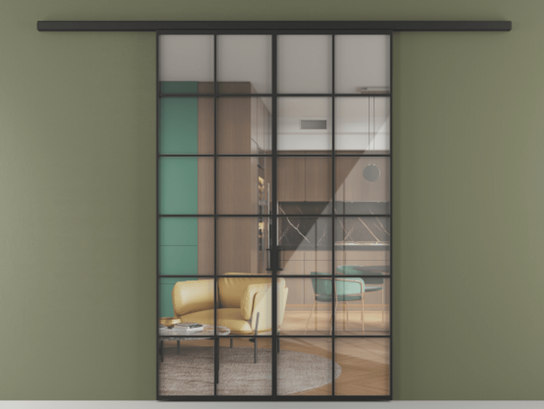 Перегородка Формато вдоль стены 2 створки АЛПР 040.05 Алюминий Черный Рефлективное прозрачное стекло "Стопсол", калёное Цена 1661234 ₸ | Volhovec