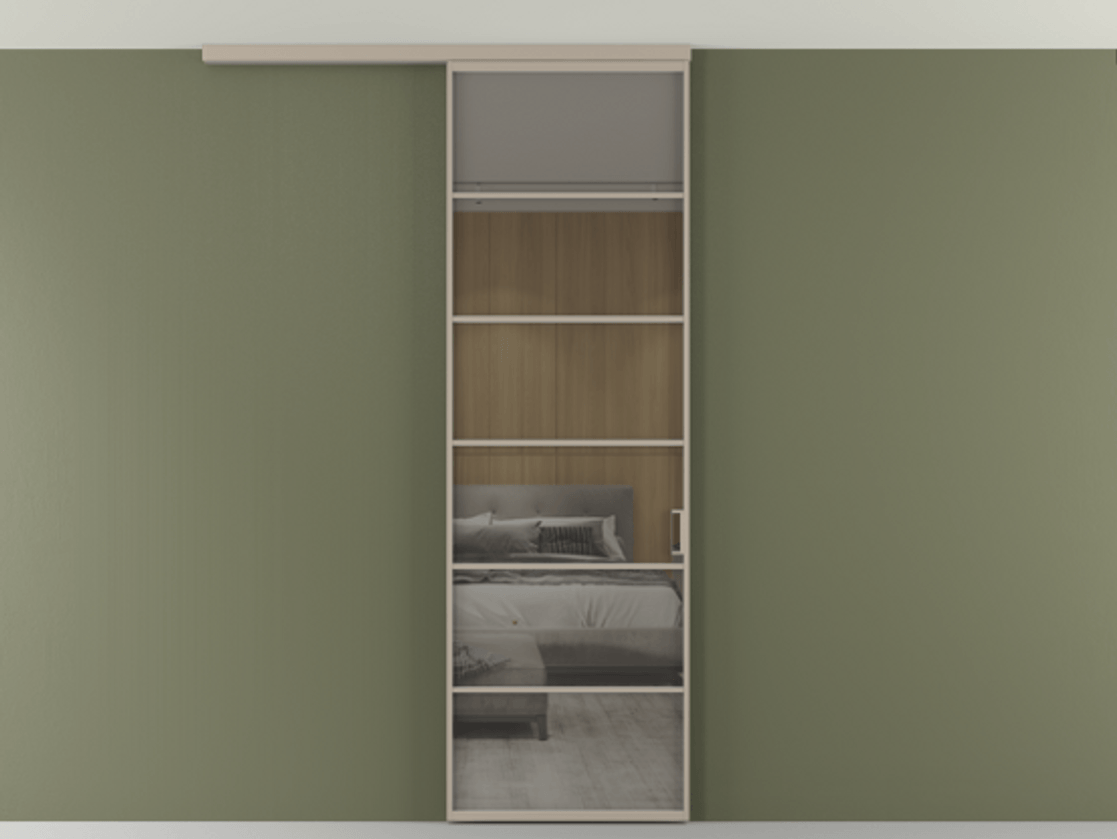 Перегородка Formato вдоль стены на потолок 1 створка АЛПР 040.04 Алюминий бисквитный Рефлективное серое стекло "Stopsol", калёное Цена 836720 ₸ | Volhovec