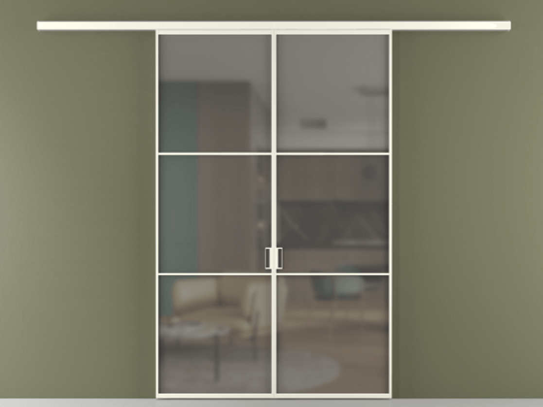 Перегородка Формато вдоль стены 2 створки АЛПР 040.03 Алюминий жемчужный Сатинированное серое стекло, триплекс Цена 1477602 ₸ | Volhovec