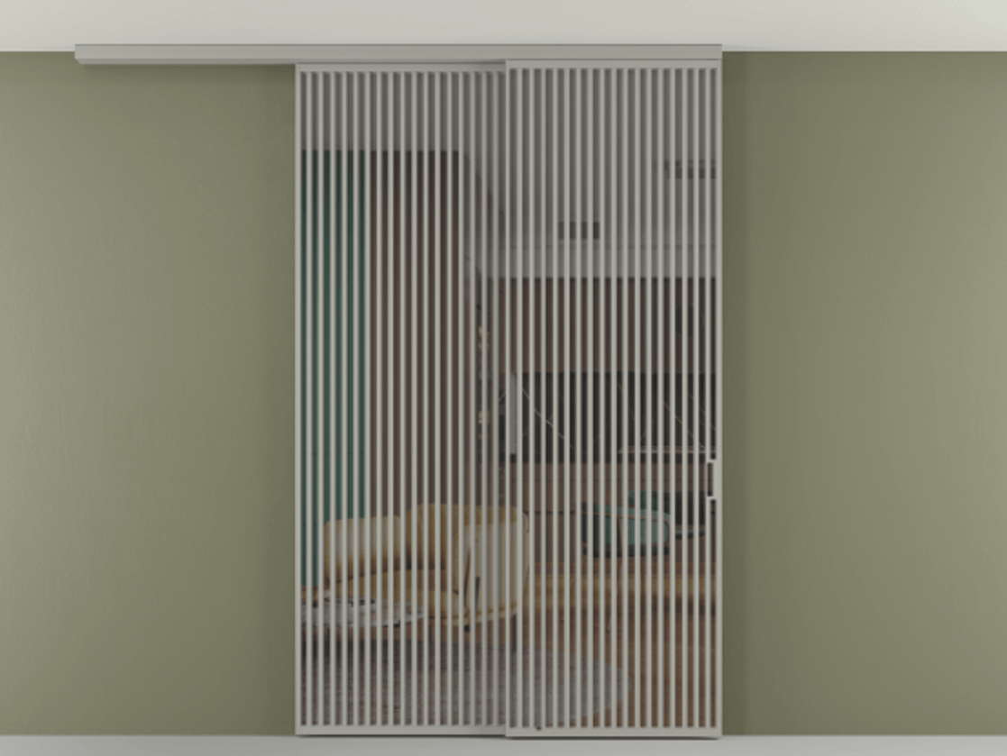 Перегородка Формато вдоль стены на потолок 2 створки с синхронным механизмом АЛПР 040.06 Алюминий нейтральный серый Прозрачное серое стекло, триплекс Цена 3405447 ₸ | Volhovec